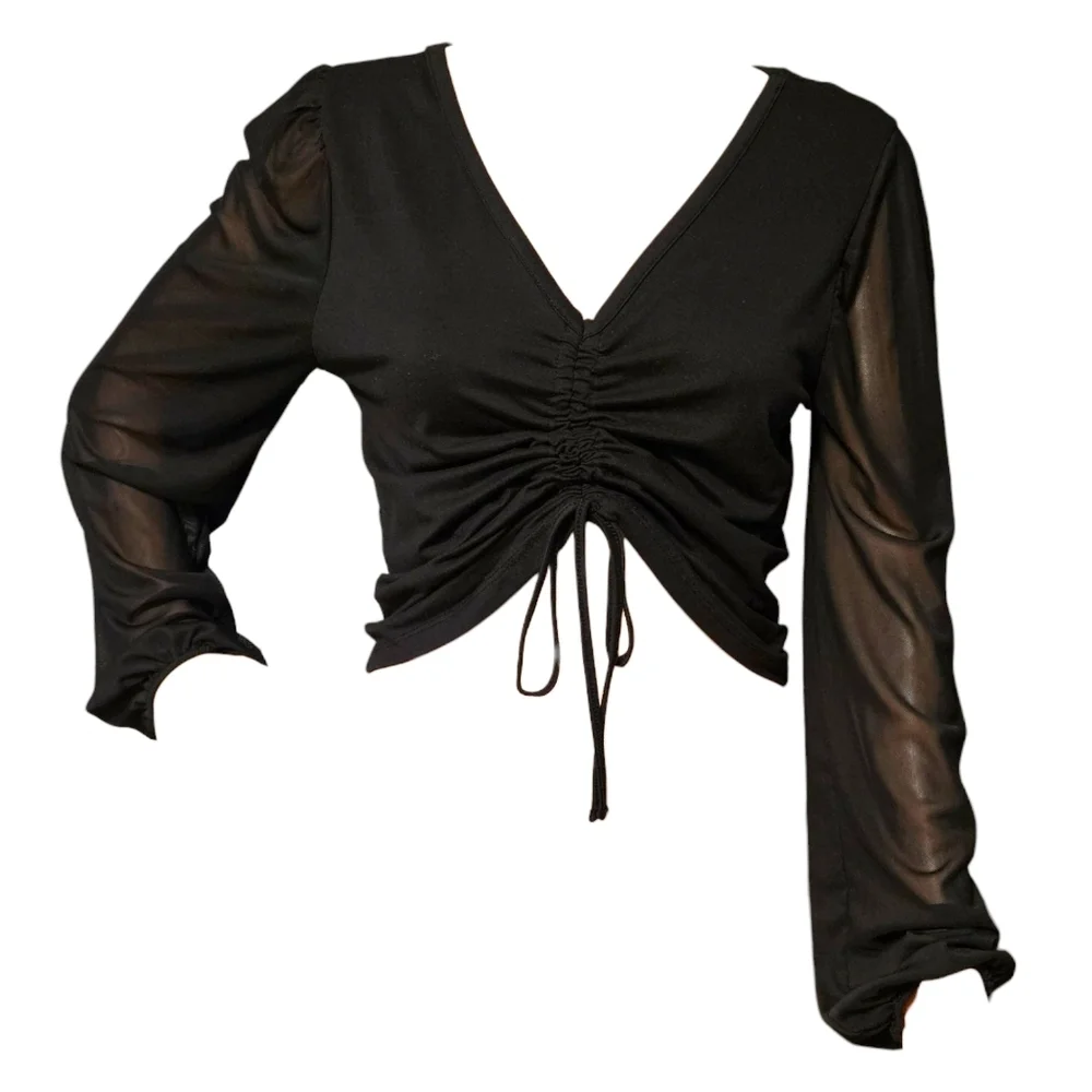 Y2K Black Ruched Tie Mesh Sleeve Top Sheer Long Sleeve Clubwear Sz L Baddie - Picture 4 of 16
